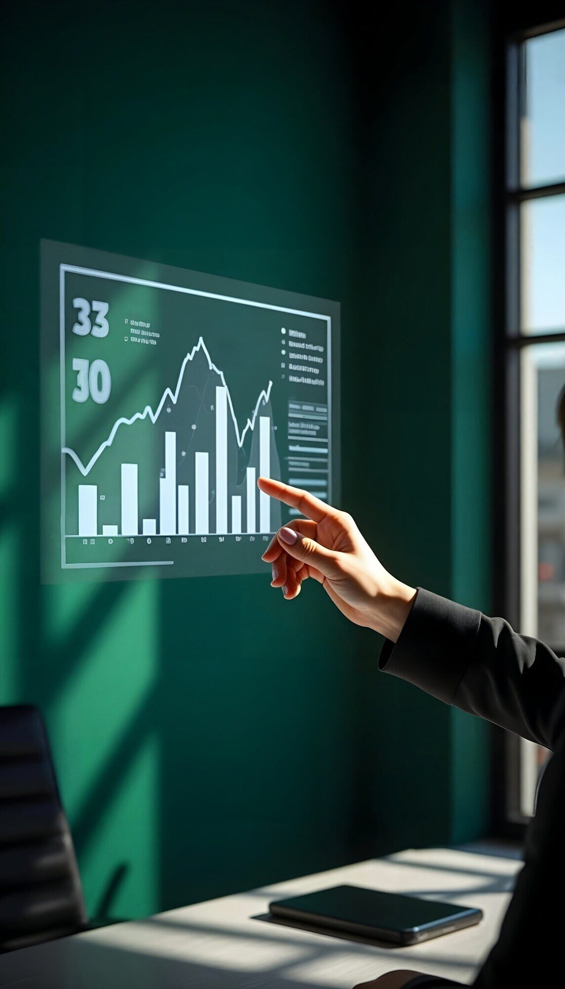 Hand interacts with holographic bar and line chart in sunlit office.