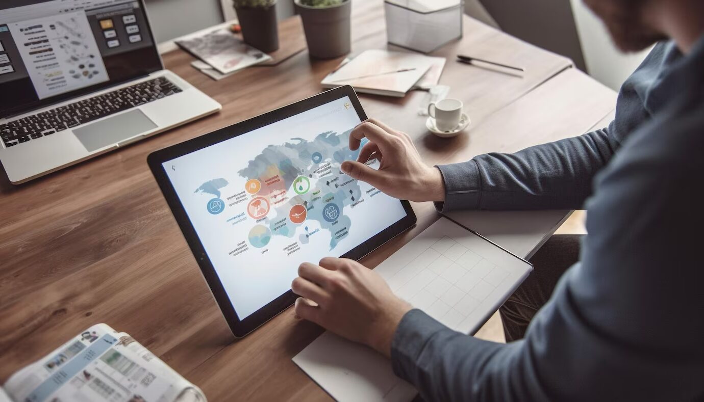 Man using tablet showing interactive world map with colorful icons on desk workspace.