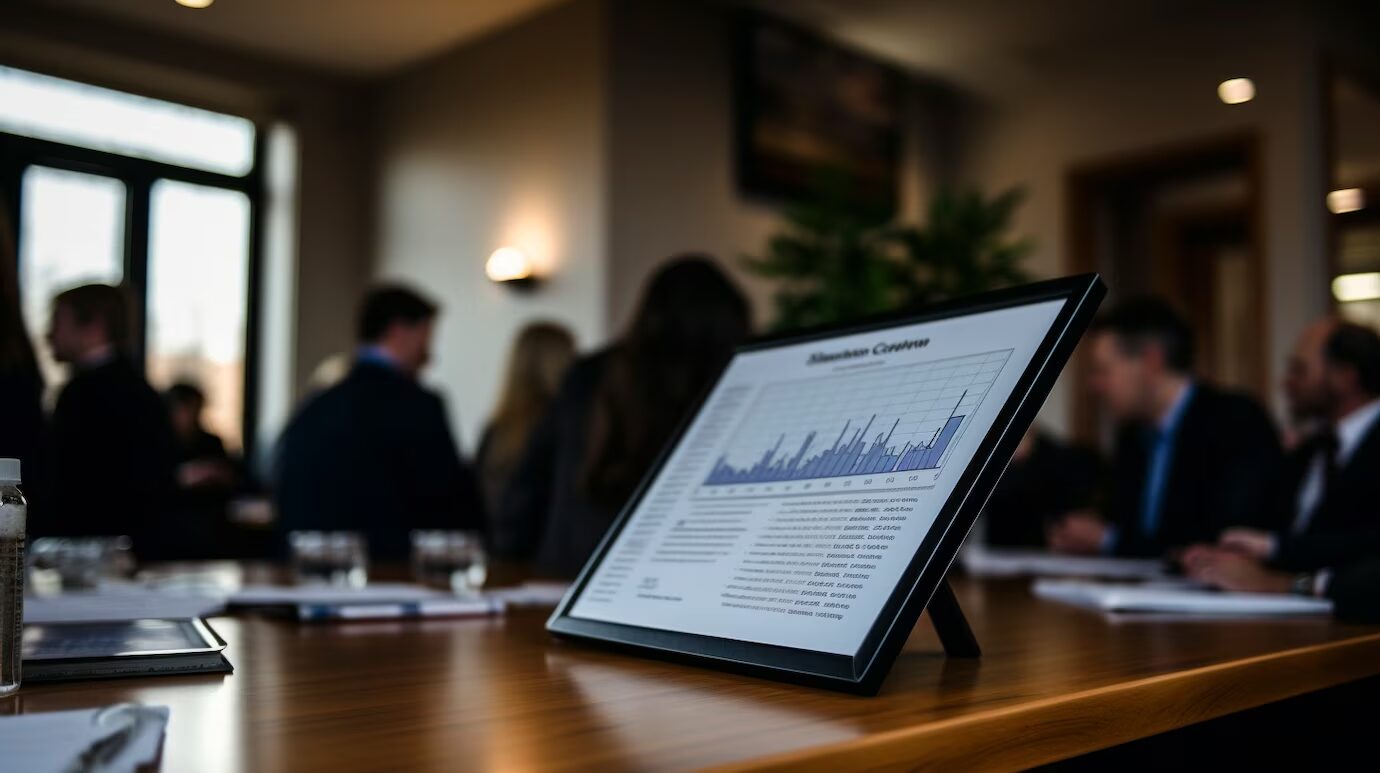 Data dashboard displayed on tablet in focus, with executives blurred in background.