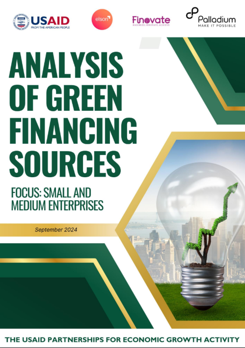 Report cover titled “Analysis of Green Financing Sources” showing a sprouting lightbulb.