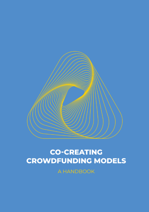 Handbook cover titled “Co-Creating Crowdfunding Models” with abstract triangle design.